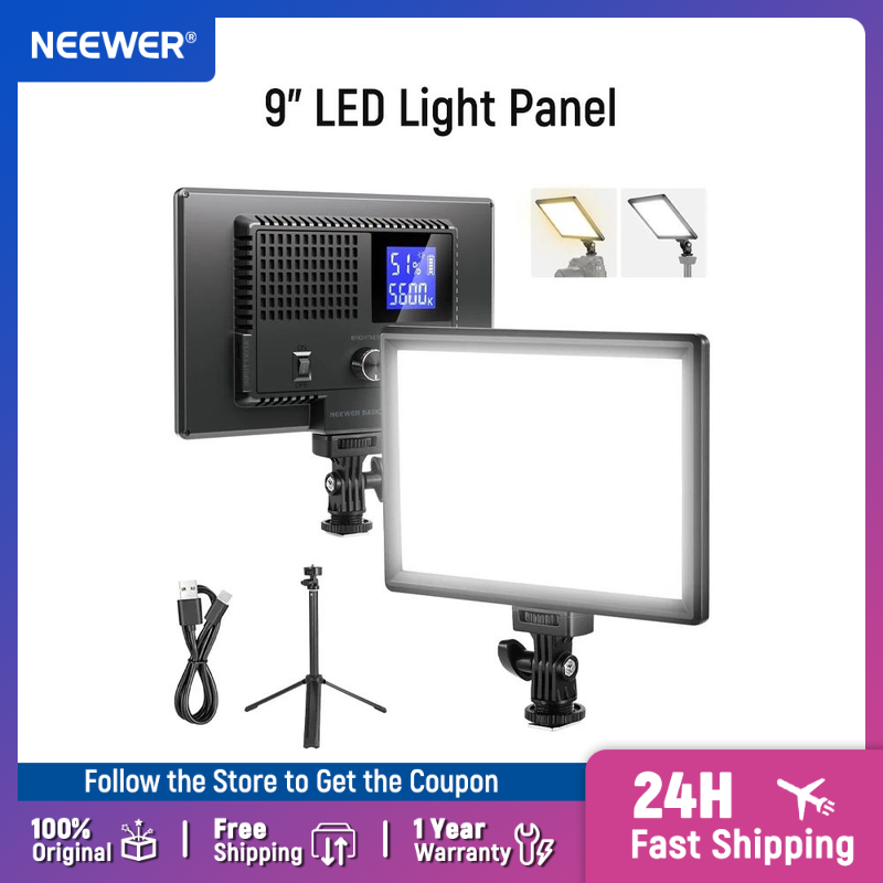 Photography Lighting Basics - NEEWER ベーシック 9インチ LEDライトパネル、3200-5600K エッジライト調光可能カメラ用ソフトキーライト、デスク三脚スタンド付き、CRI95+ 800ルクス