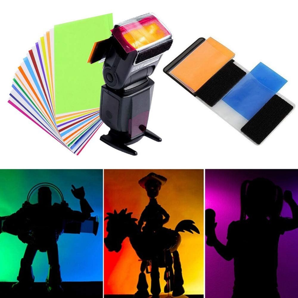 Photography Lighting Gels - 12色カメラフラッシュジェル照明フィルターキット、ユニバーサルベルクロバンドホルダー付き、スピードライトポートレートスタジオDIY写真撮影用