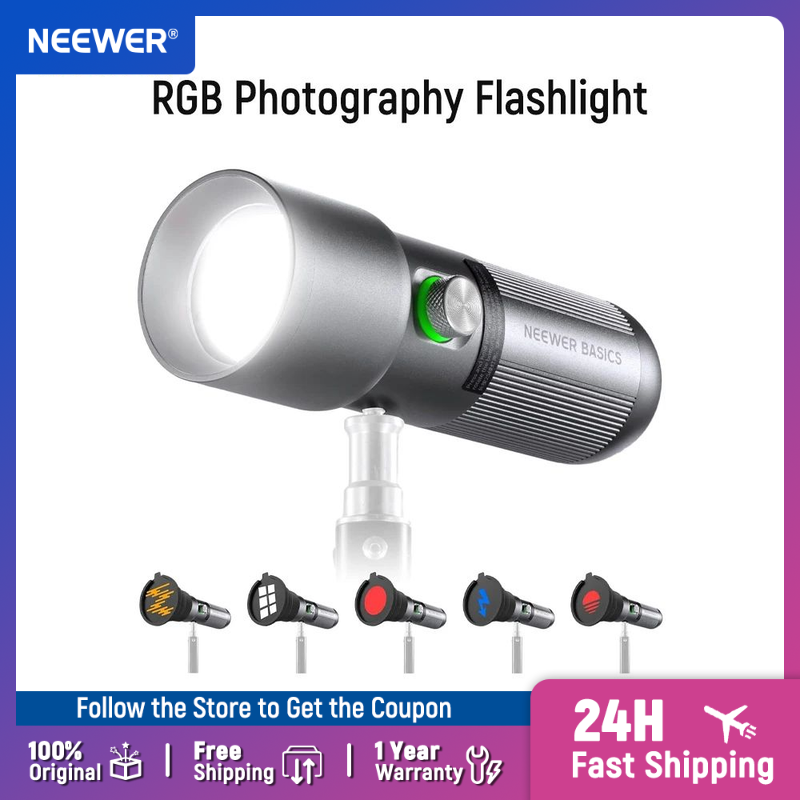 Photography Lighting Basics - NEEWER ベーシックRGB撮影用フラッシュライト、4色/20ゴボフィルター/CRI95+/7500mAh、10W 6300KポータブルLEDビデオスポットライト