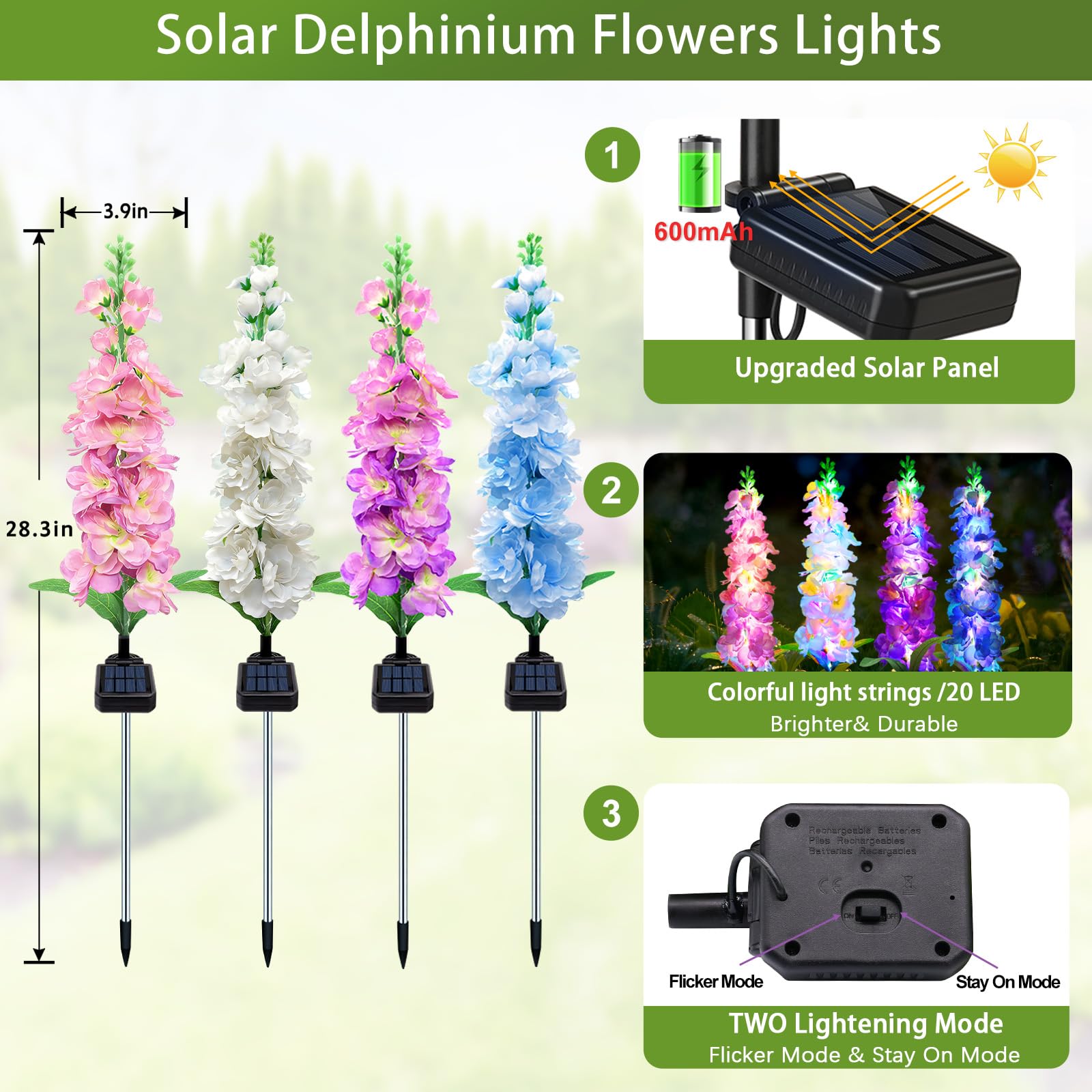 ソーラーガーデンライト、ソーラーデルフィニウムフラワーライト - Flower Photography Led Lighting Pack のレビューと価格