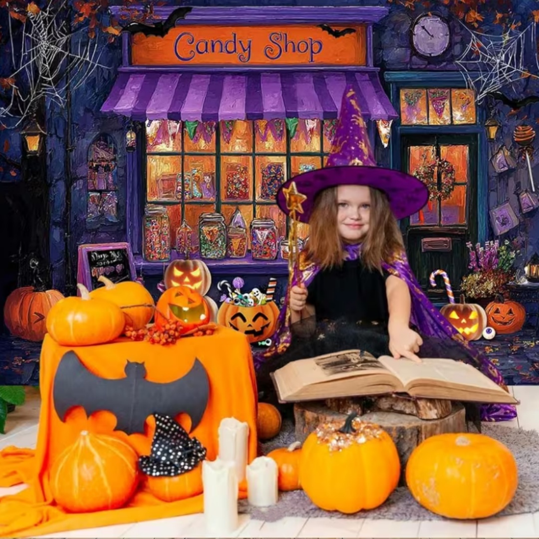 パープルハロウィンショップテーマパーティーデコレーション背景 - Photography Lighting For Food のレビューと価格