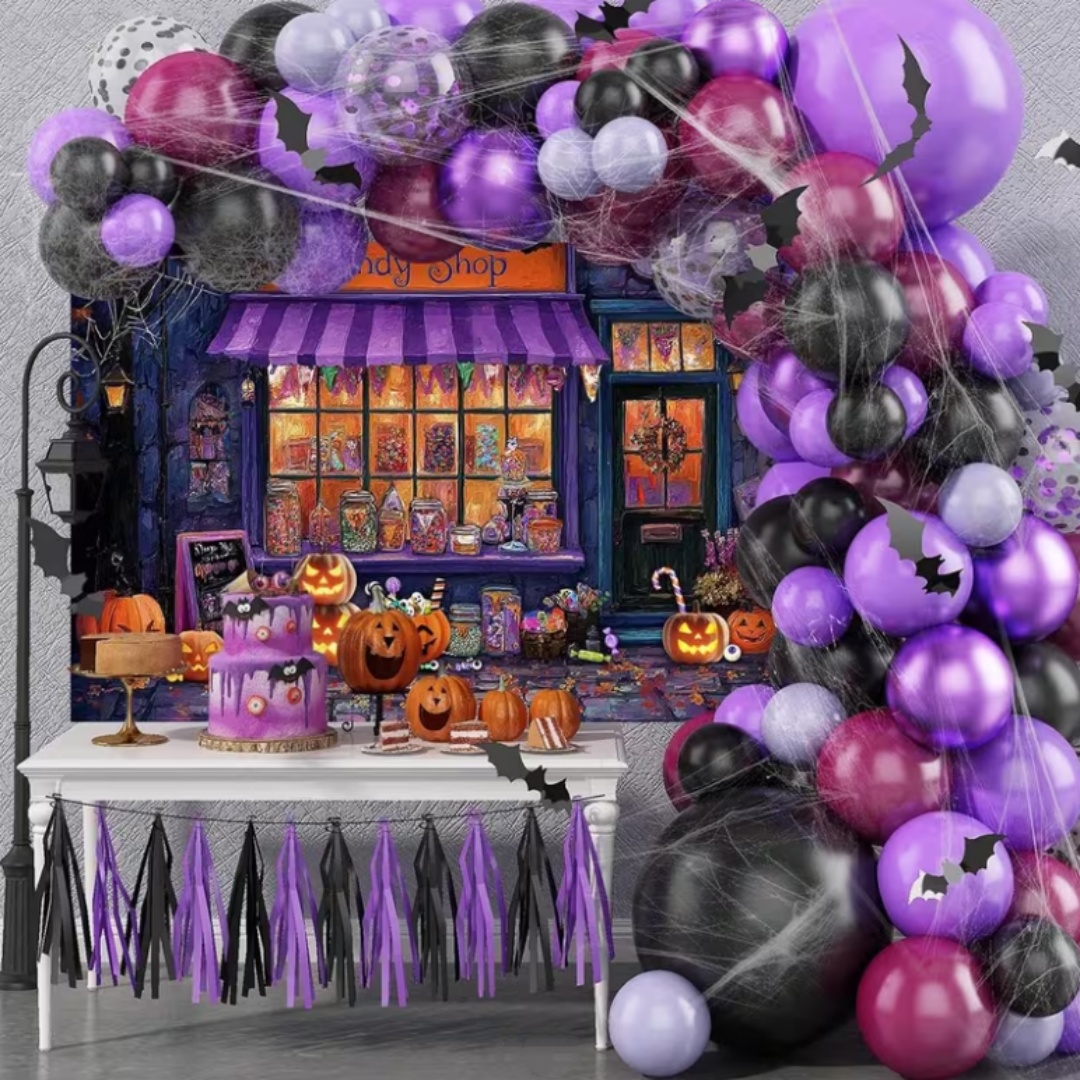 パープルハロウィンショップテーマパーティーデコレーション背景 - Photography Lighting For Food のレビューと価格